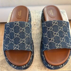 Gucci Denim GG Jacquard Slide Sandals - Blue and Brown